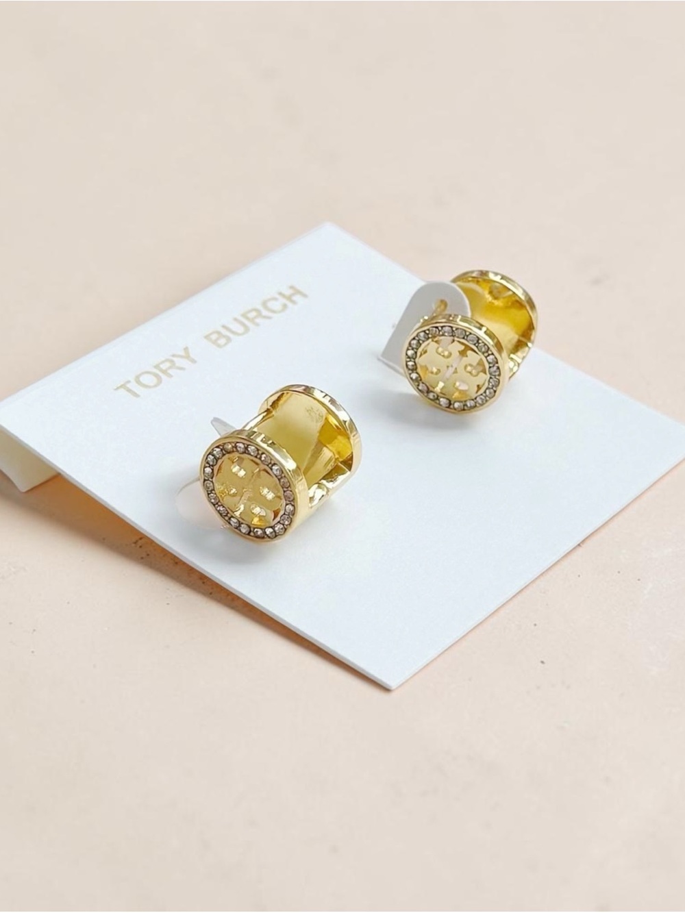 Tory Burch Gold and Black Logo Crystal Rim double sided Stud Earrings - Picture 3 of 4